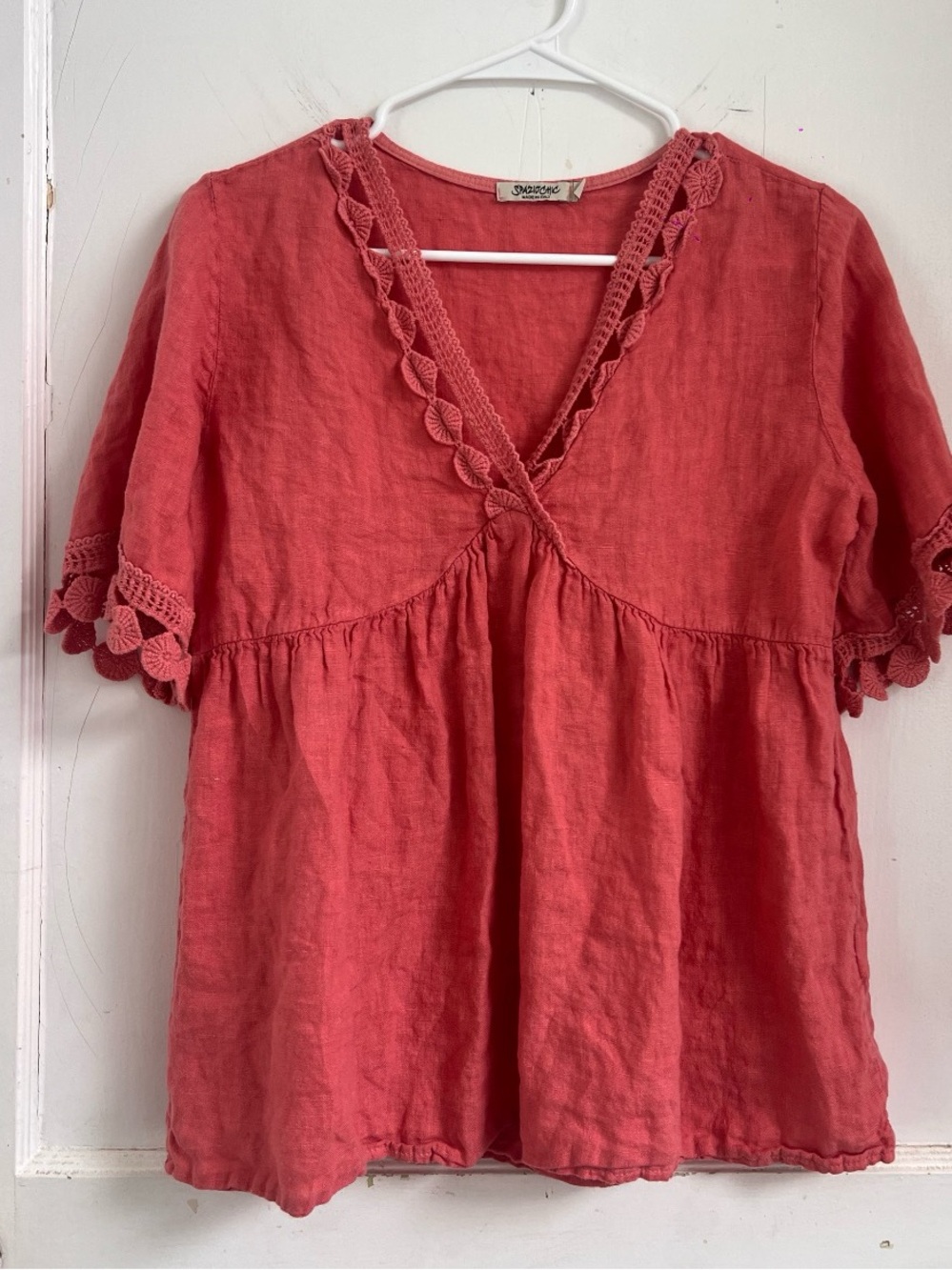 Spaziochic Women's Babydoll Top Boho Short Sleeve Size S
Terra Cotta Color Linen